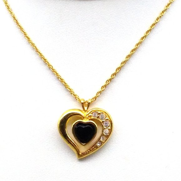 Vintage Avon Parure, Onyx and Crystal Heart Pendant Necklace and Matching Stud - Picture 2 of 7